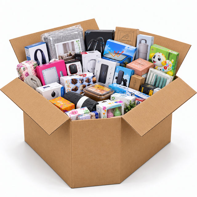 Open liquidation box packed with mixed merchandise